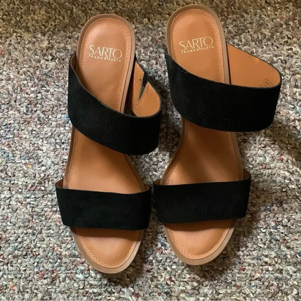 Franco Sarto Black Leather Upper Double-Band Heel Open Toe Slide Sandals 10M